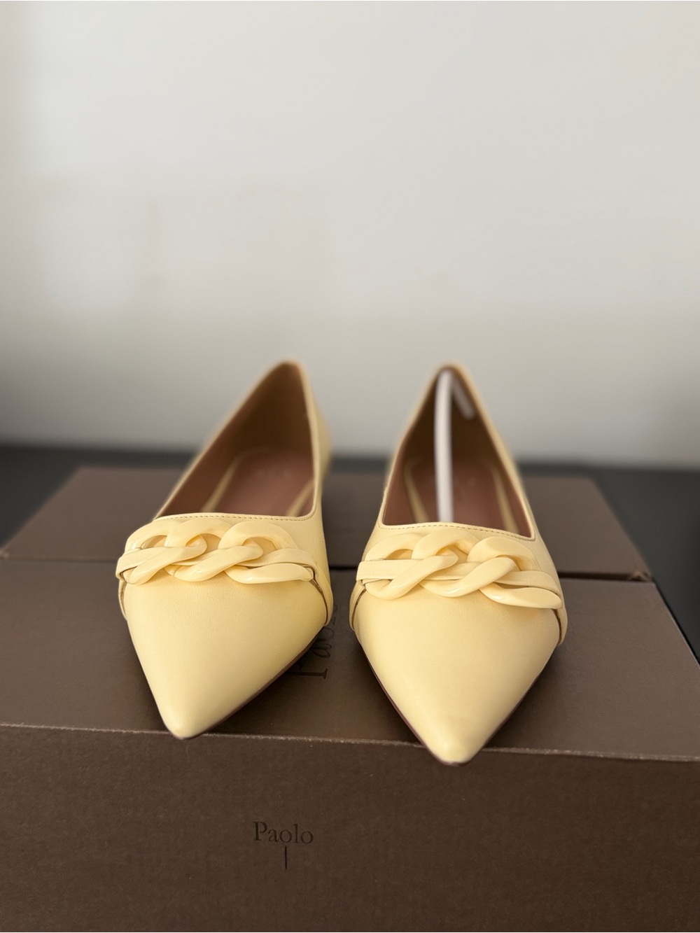Paolo Pale Yellow Pointed-Toe Chain-Trim Flats